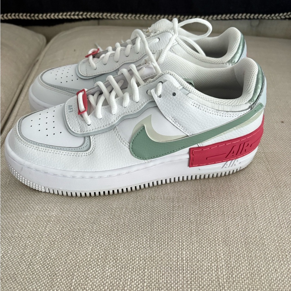 Nike Air Force 1 Shadow in White, Green, and coral